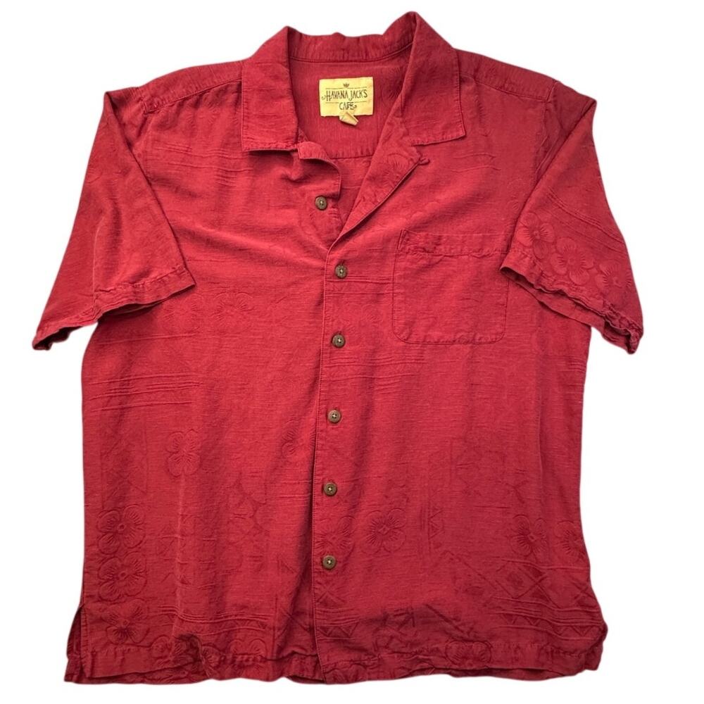 Havana Jack's Cafe Shirt Mens Large Red 100% Silk Tropical Floral Button Down